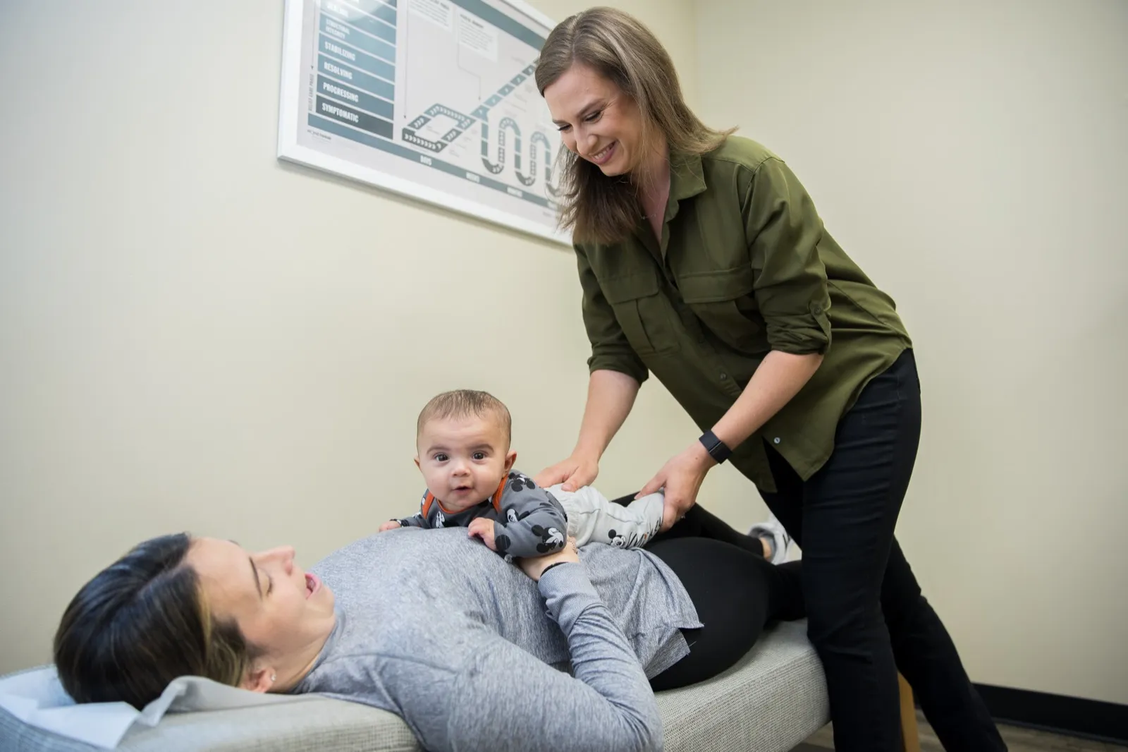 A doctor supporting a mother and child during a gentle postpartum visit